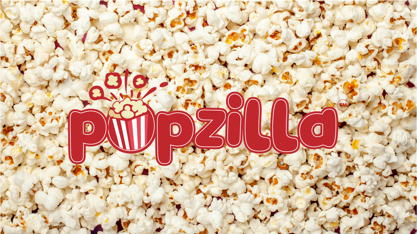 Popzilla popcorn packaging design featuring six flavour variants including Tomatina Twist, Sweet N Sour, Creamy Onion, Pizza Style, Butter Salted and Cheesy Peri-Peri.